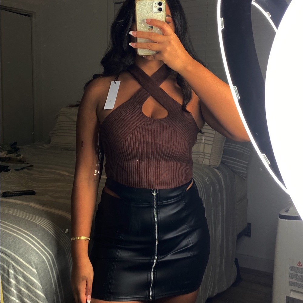 Brown Knit Halter Top with Keyhole